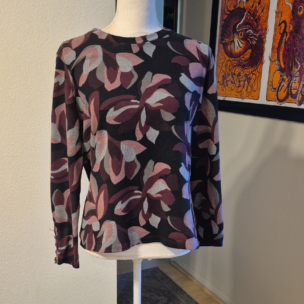 Draper's Studio Purple Gray & Black Abstract Floral Ling Sleeve Knit Top